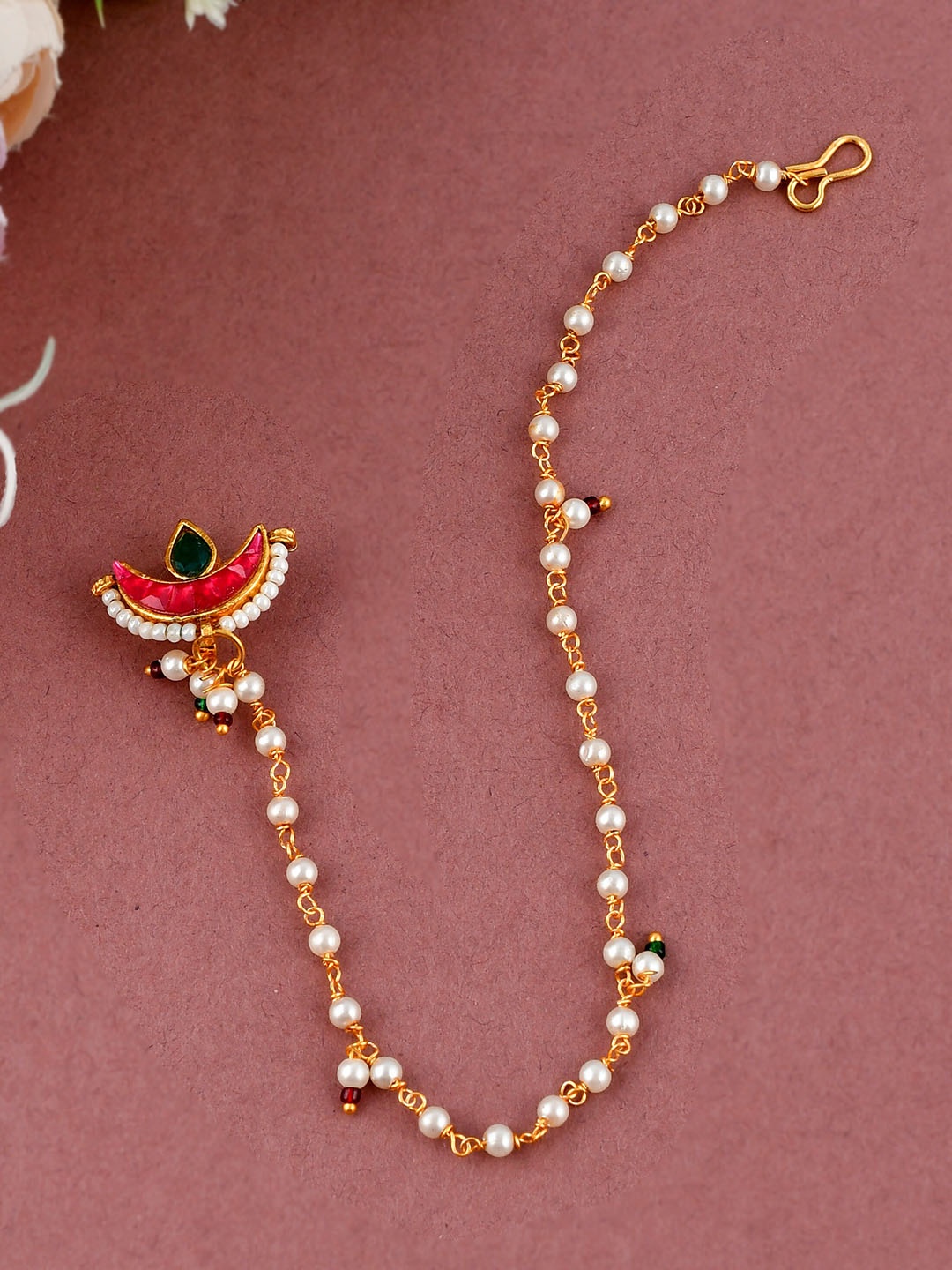 

Silvermerc Designs Gold-Toned Red Kundan-Studded & Pearl Beaded Meenakari Chained Nosering