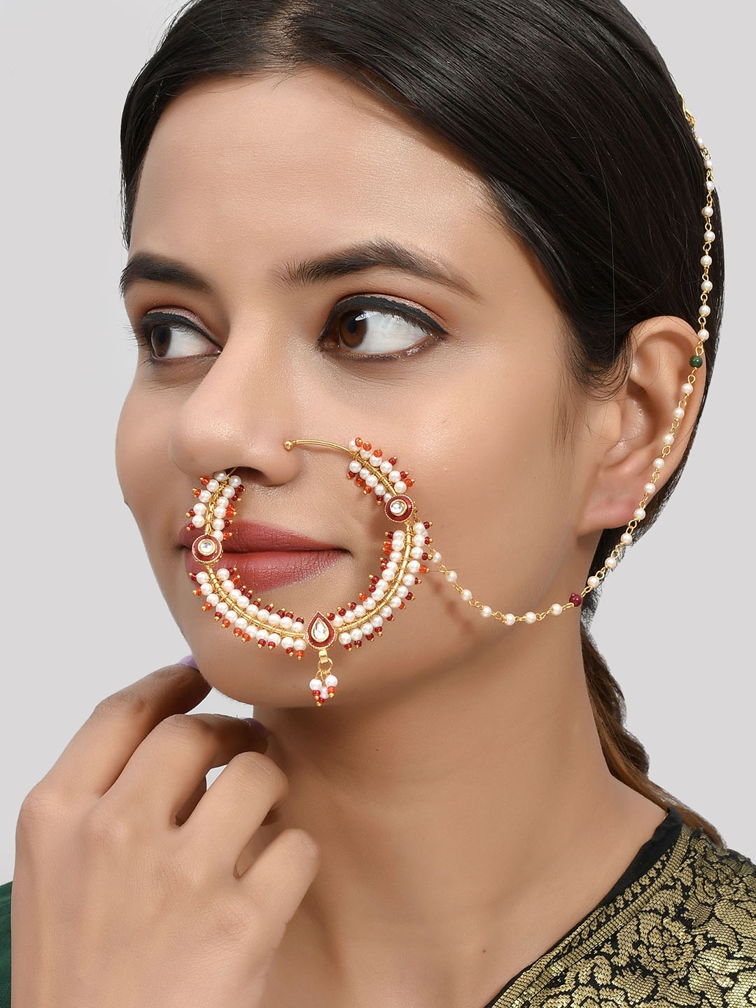 

Silvermerc Designs Gold-Plated Kundan & Pearl Studded Finger Ring