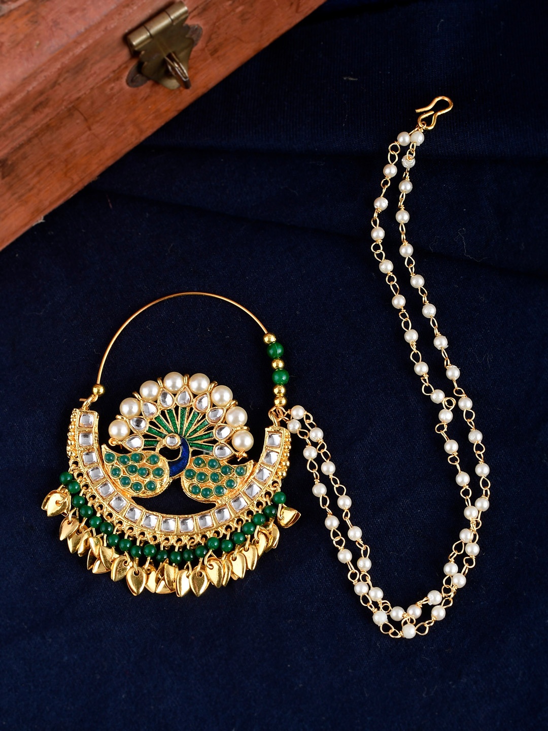 

Silvermerc Designs Gold-Plated White & Green Stone-Studded & Pearl Beaded Meenakari Chained Nosering