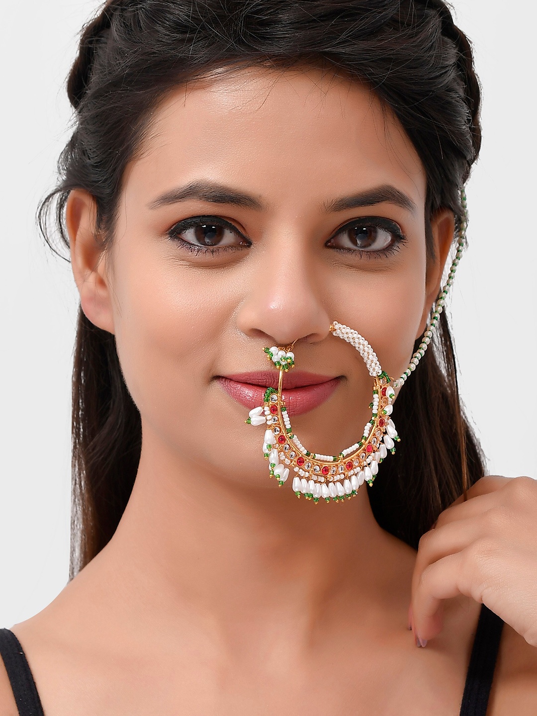 

Silvermerc Designs Gold-Plated White & Red Stone-Studded & Pearl Beaded Meenakari Chained Nosering