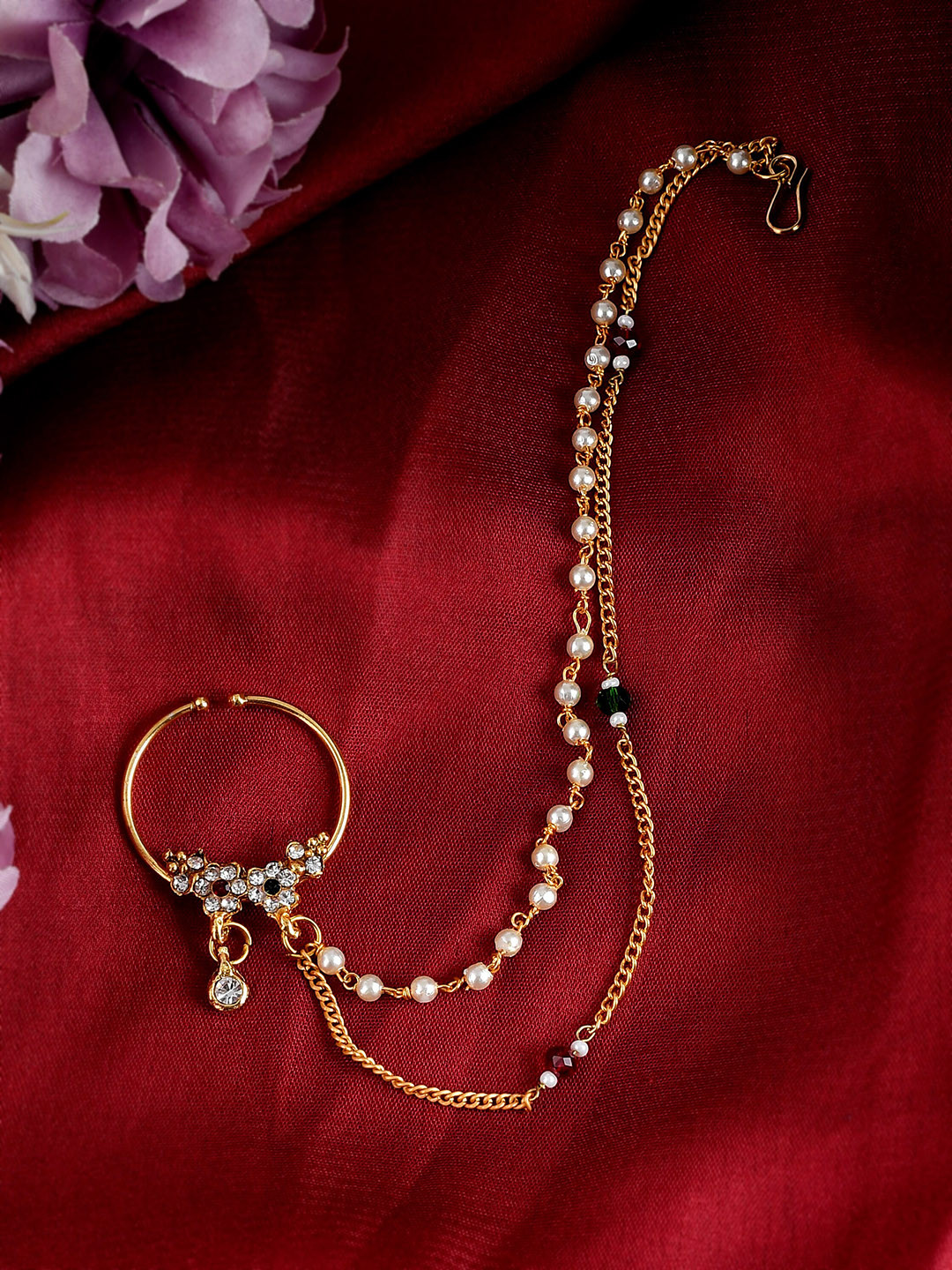 

Silvermerc Designs Gold-Plated White Stone Studded & Pearl Beaded Nose Ring