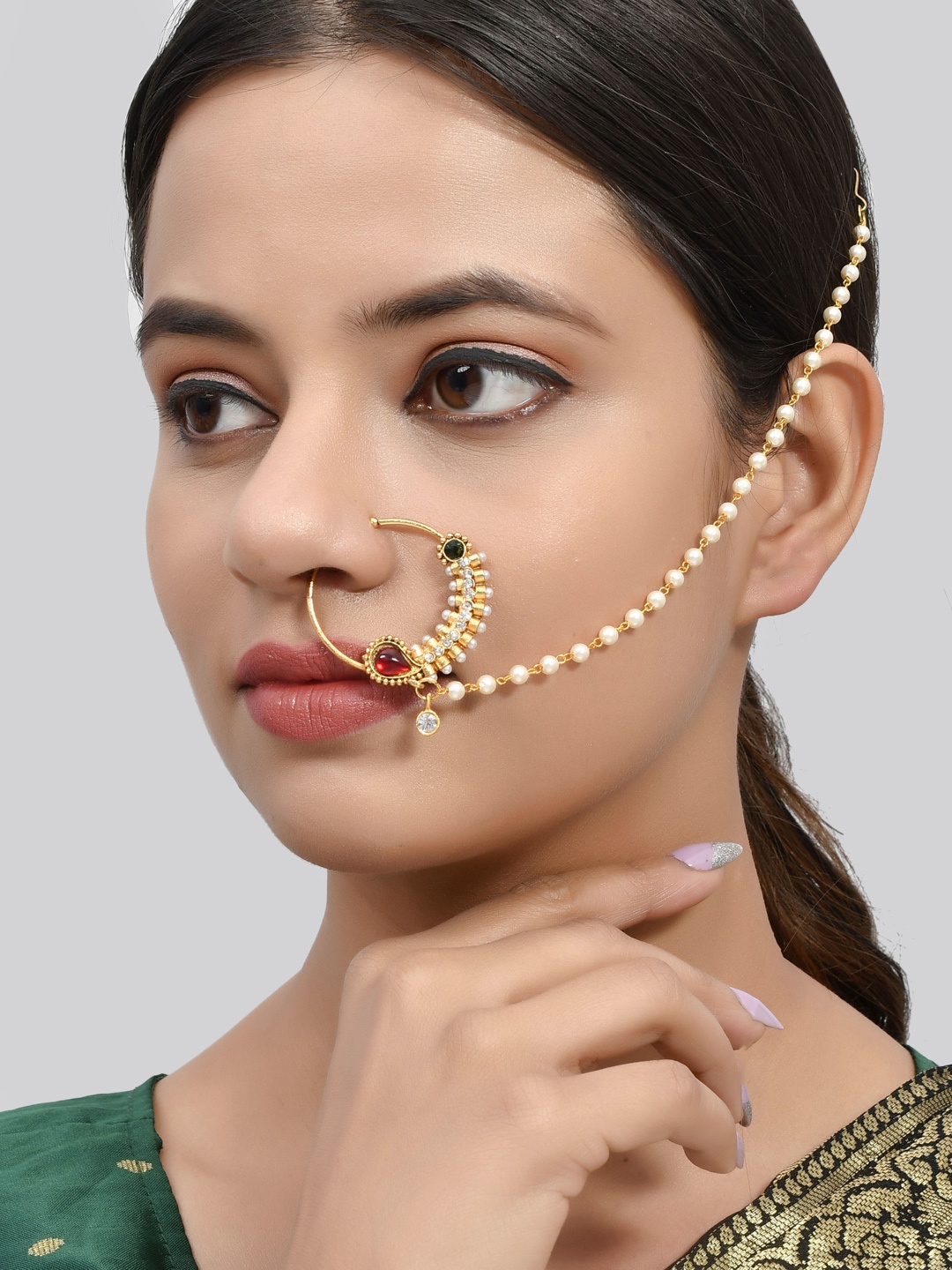 

Silvermerc Designs Gold-Plated Red & White Stone-Studded & Beaded Nose Pin
