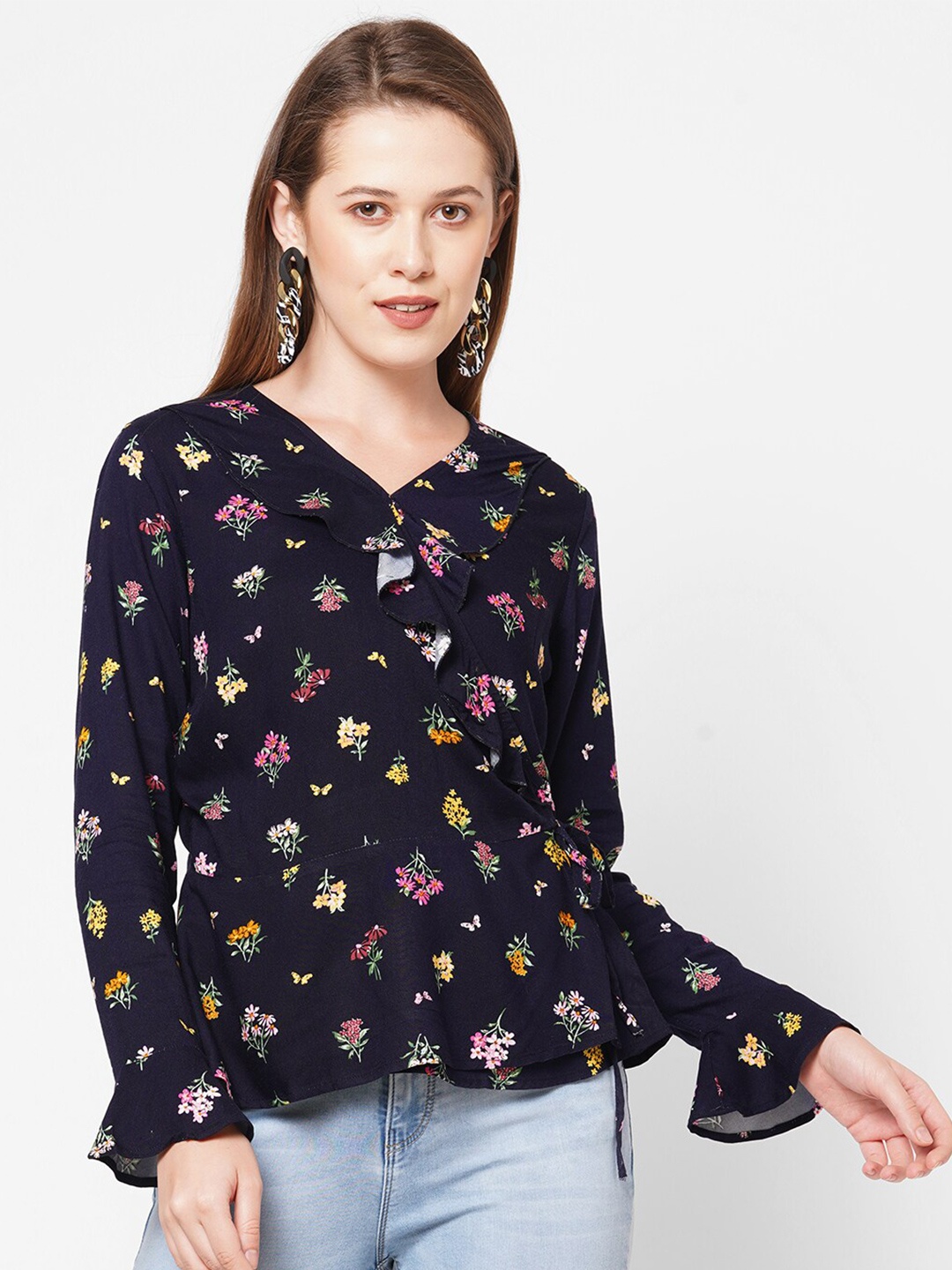 

109F White Floral Print Wrap Top