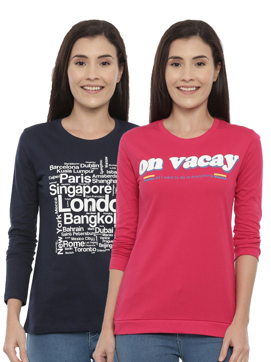 

3PIN Women Pack Of 2 T-shirts Typography Printed T-shirt, Black