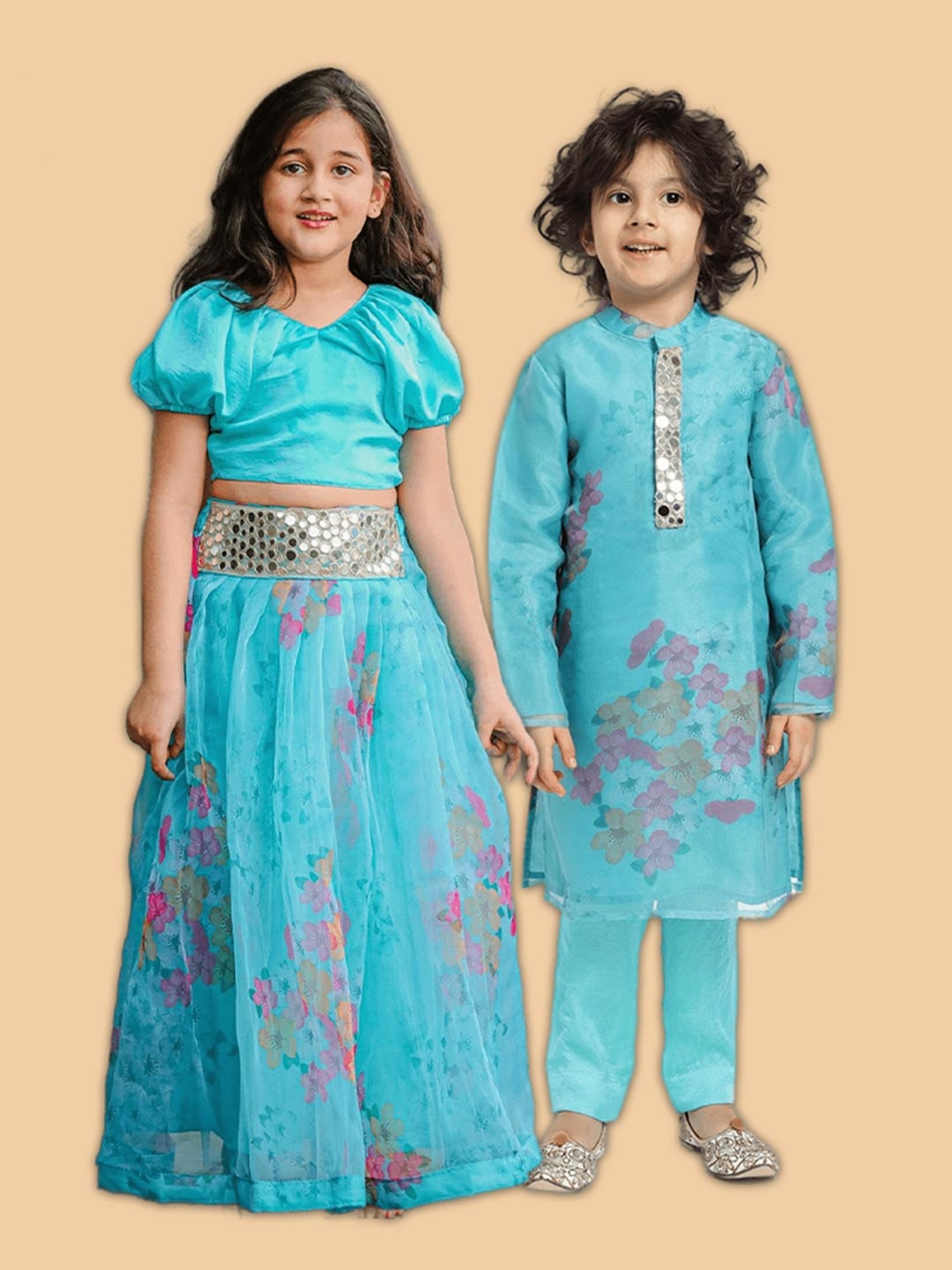 PICCOLO Girls Green & Pink Mirror Work Ready to Wear Lehenga Choli