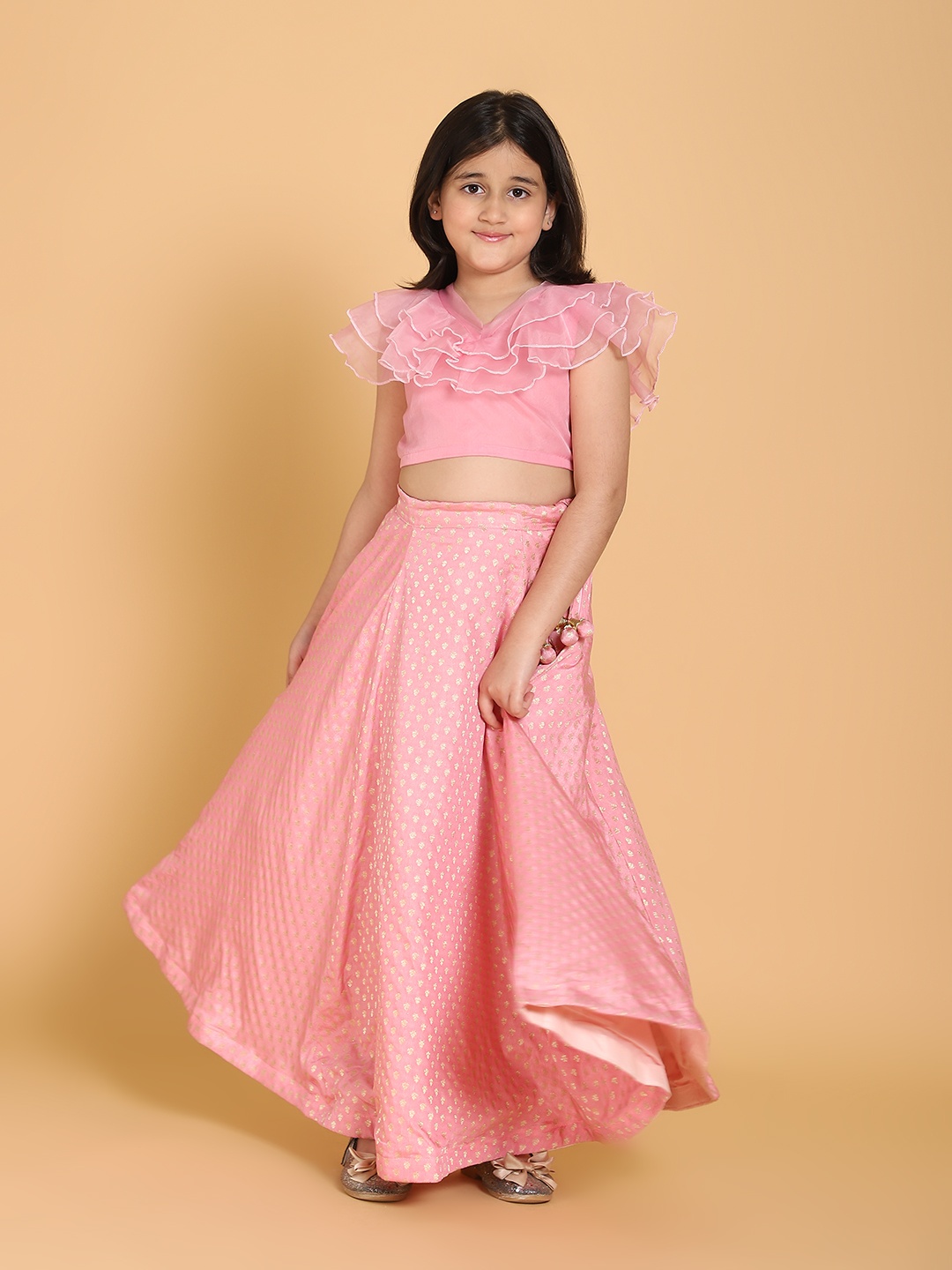

PICCOLO Girls Pink & Gold-Toned Ready to Wear Lehenga & Blouse Set