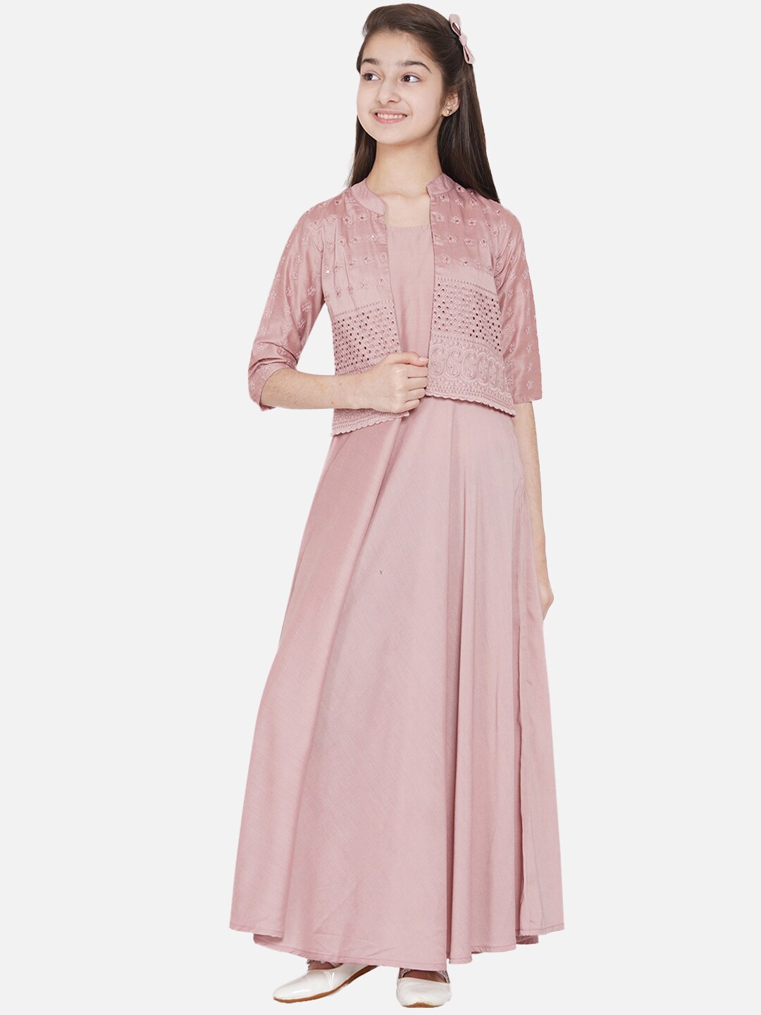 

titliyan Mauve Schiffli Design Maxi Dress with Jacket