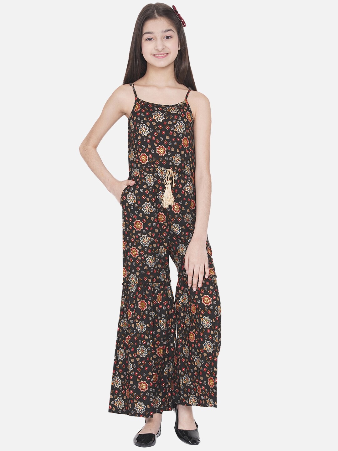 

titliyan Girls Black & Red Printed Straps Shoulder Basic Jumpsuit