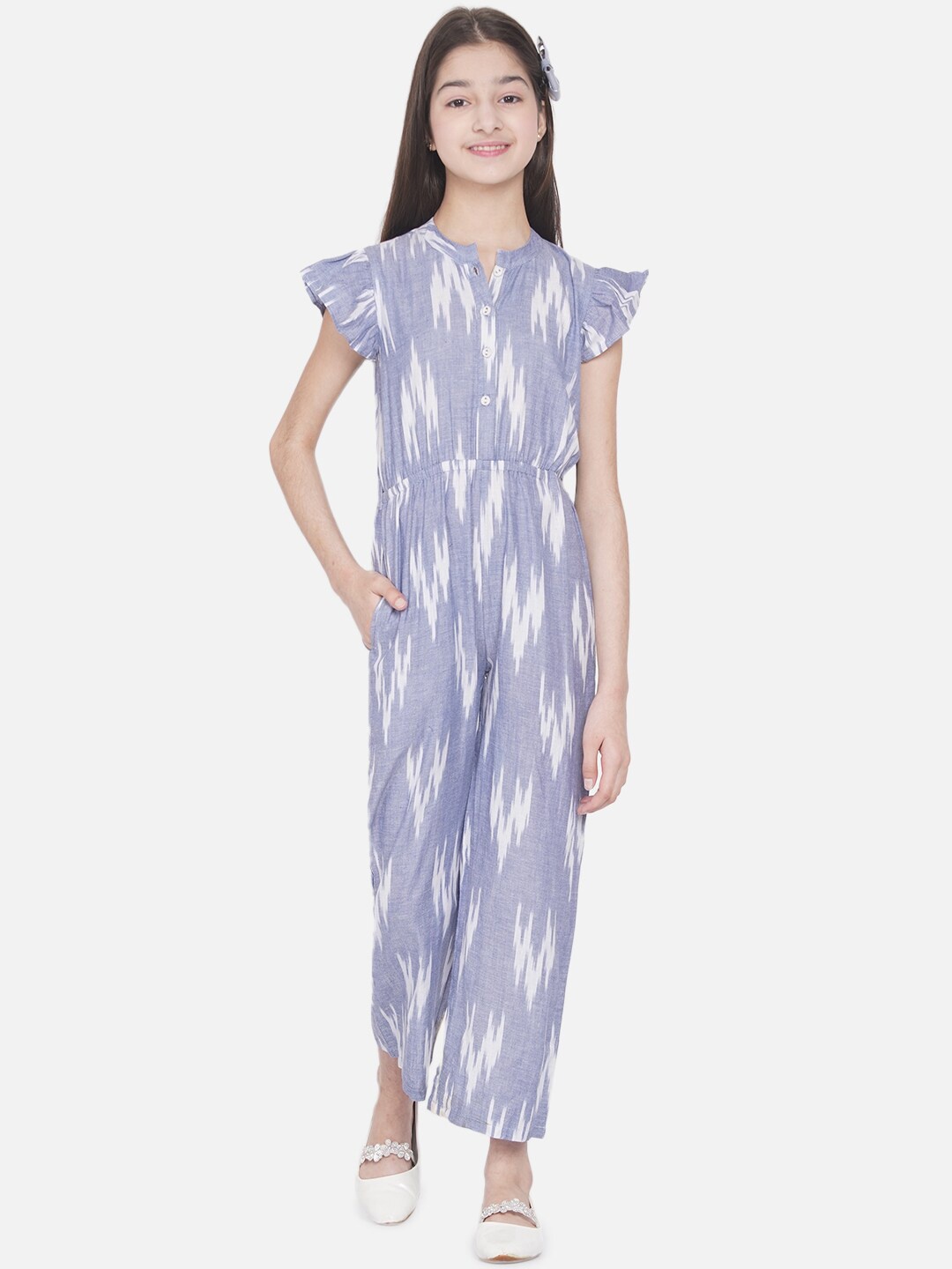

titliyan Girls Blue & White Woven Design Cotton Jumpsuit