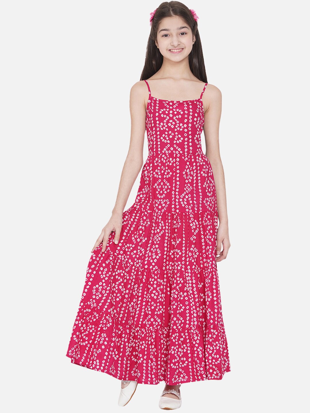 

titliyan Pink & White Bandhani Prinited Maxi Dress