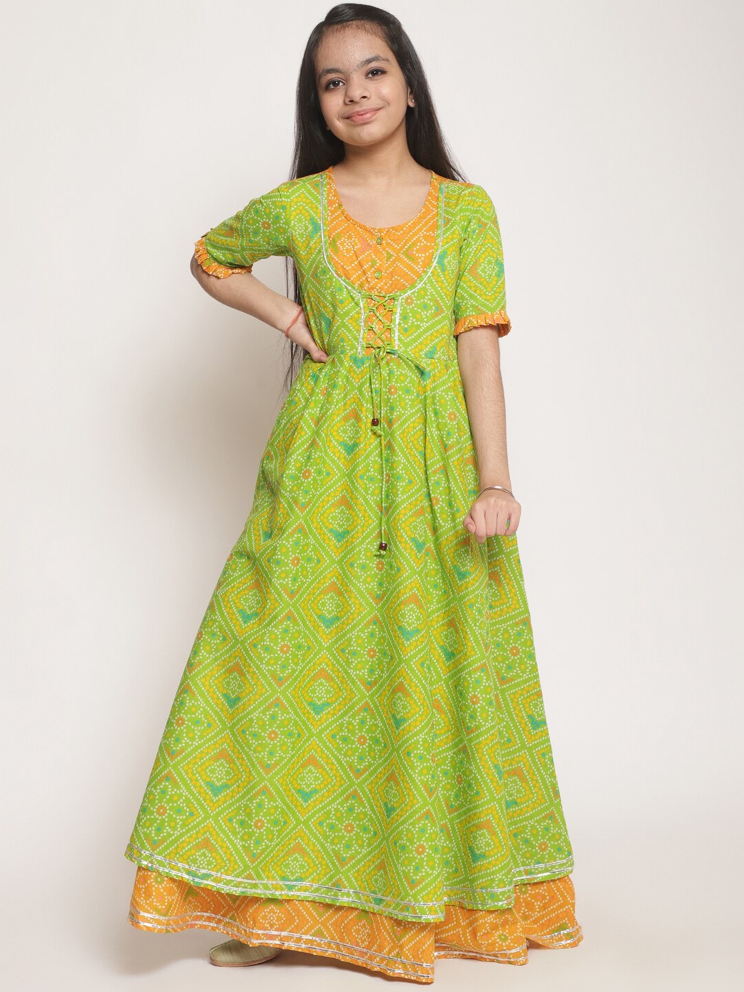 

titliyan Green Bandhani Printed Cotton Layered Maxi Dress