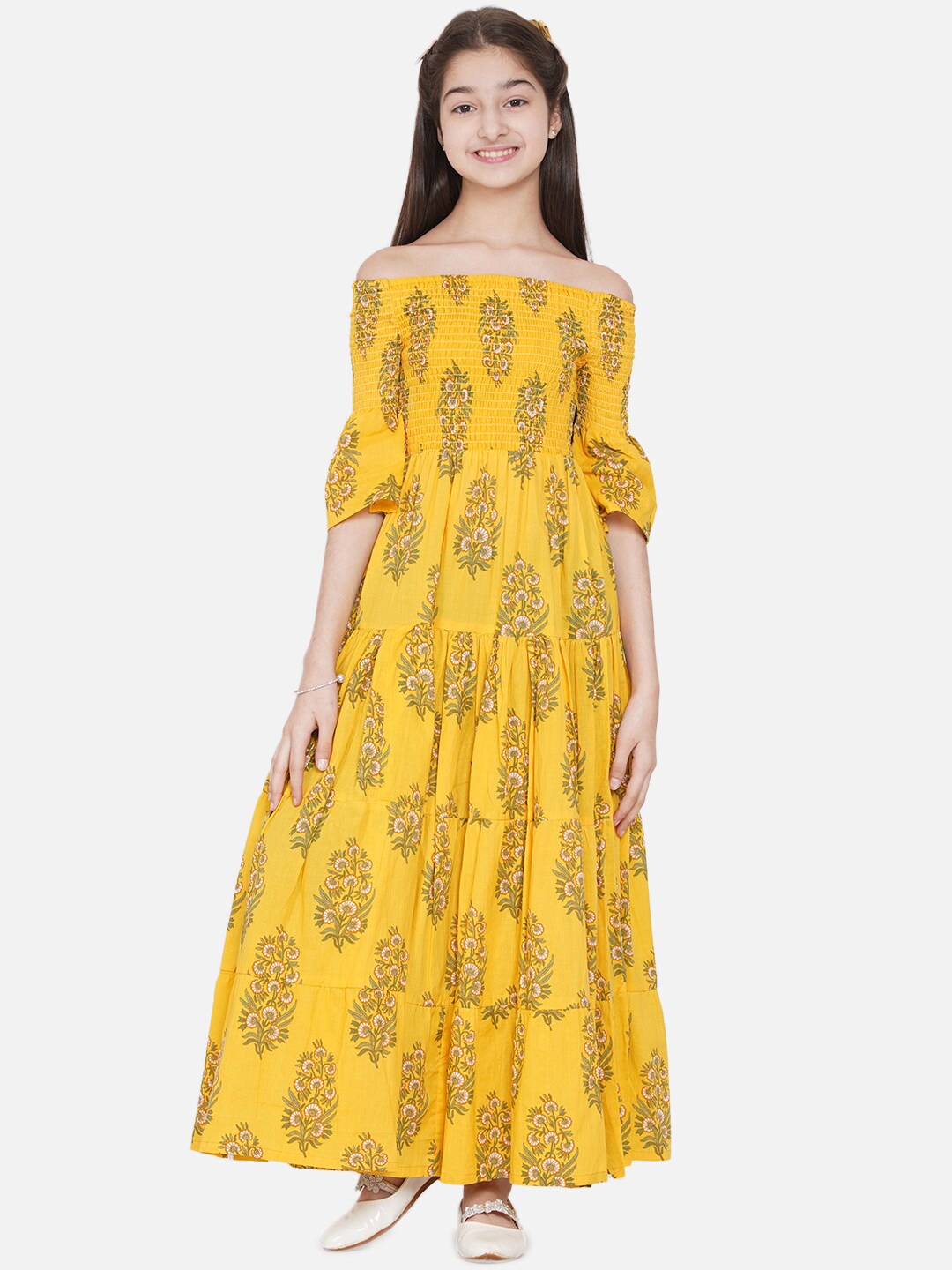 

titliyan Yellow Floral Off-Shoulder Maxi Dress