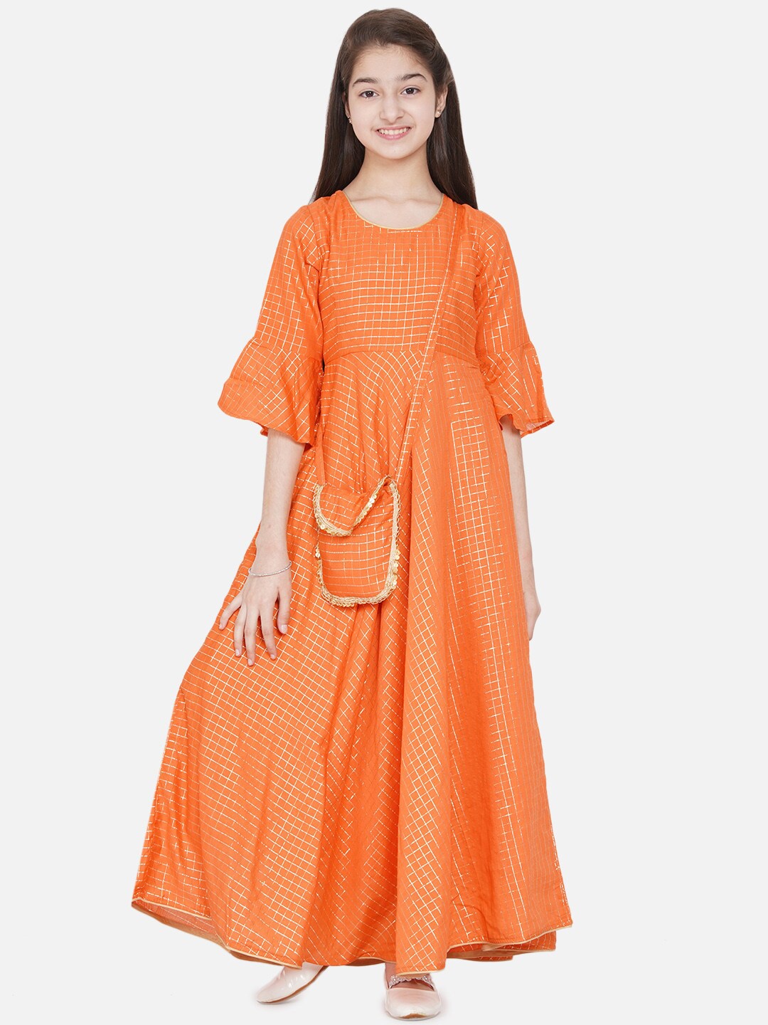 

titliyan Orange & Gold-Toned Checked Ethnic Maxi Dress With Sling Bag