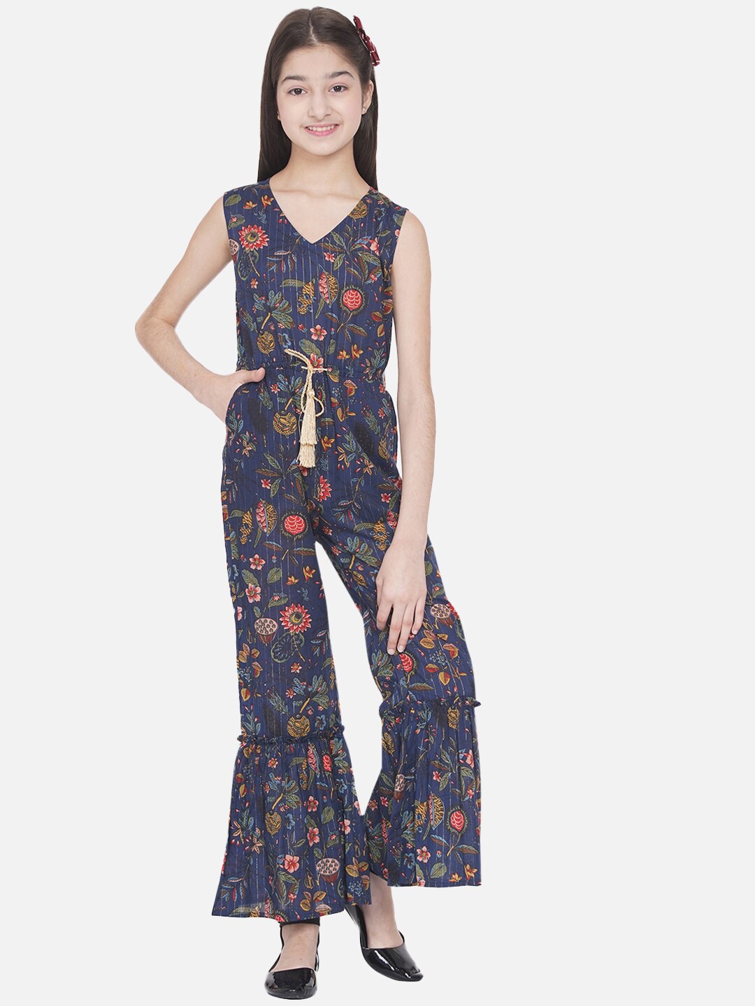 

titliyan Girls Navy Blue & Green Floral Printed Cotton Basic Jumpsuit