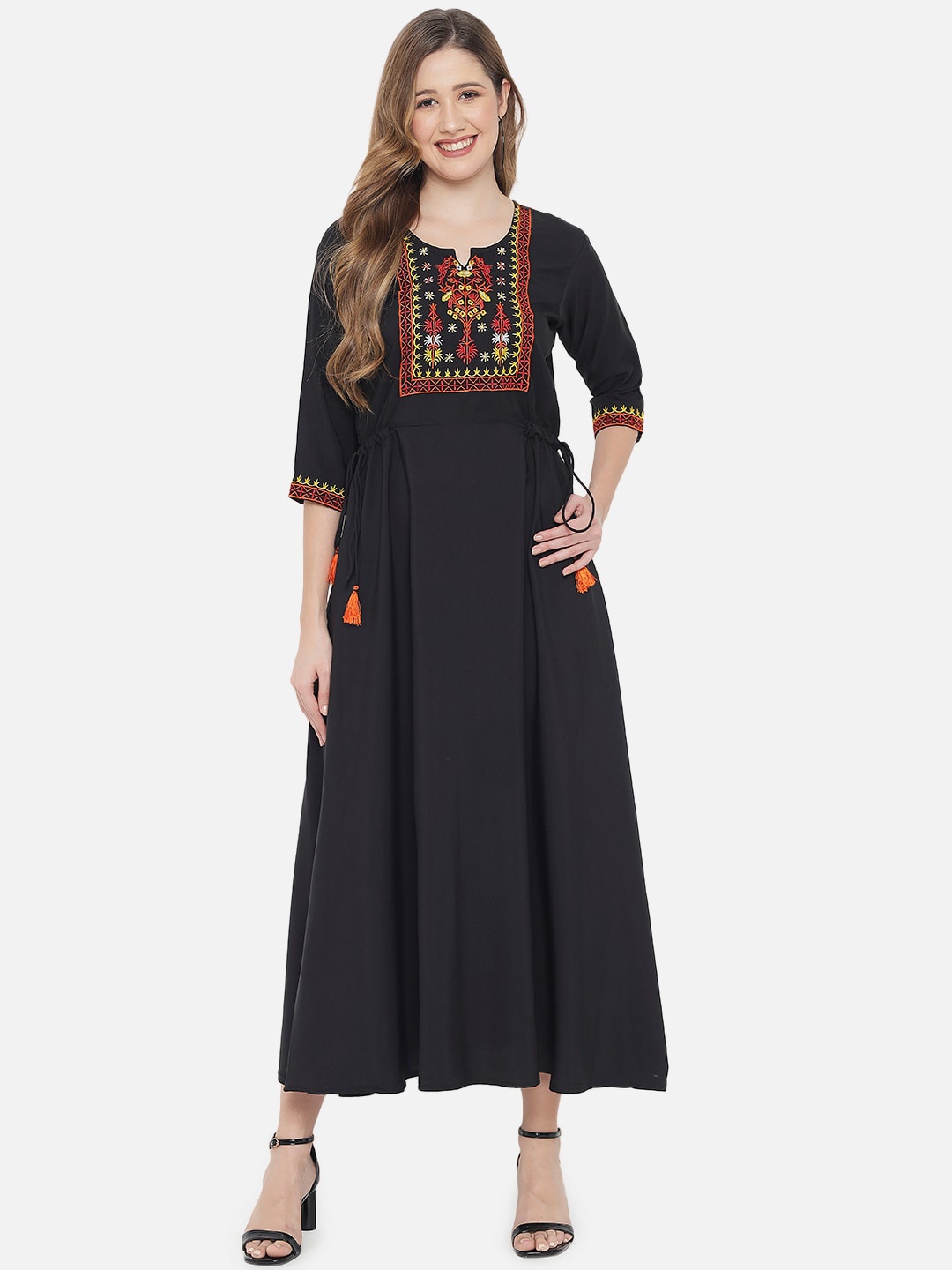 

Indietoga Black Ethnic Motifs Embroidered Crepe Ethnic Maxi Dress