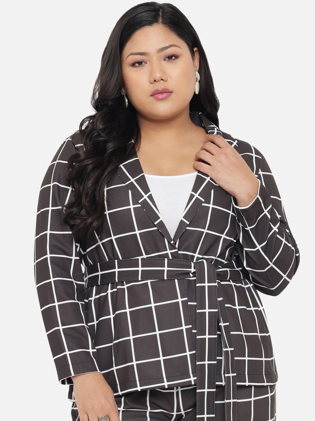 

Amydus Women Plus Size Black White Checked Tailored Jacket