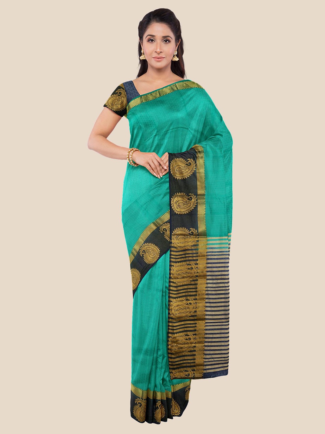 

Kalamandir Sea Green & Gold-Toned Ethnic Motifs Pashmina Saree