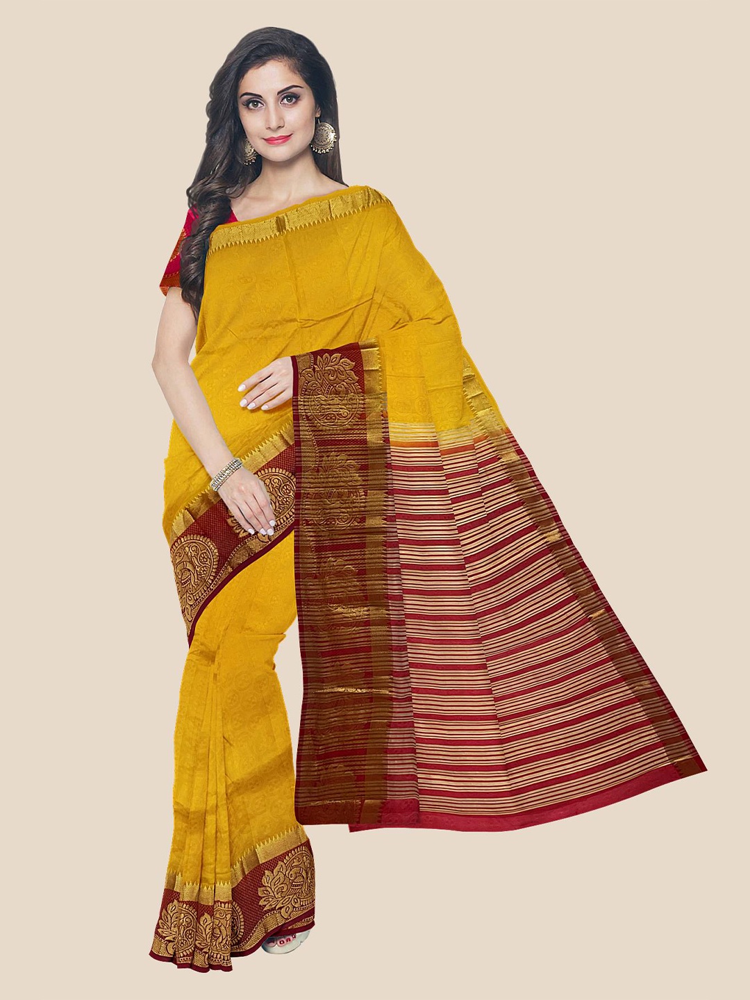 

Kalamandir Mustard & Maroon Ethnic Motifs Pashmina Banarasi Saree
