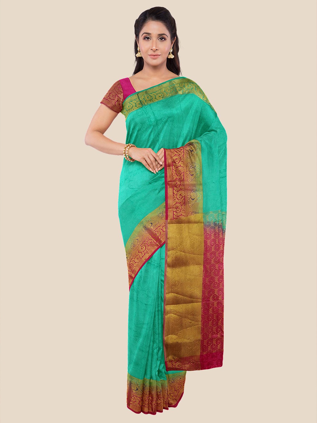 

Kalamandir Green & Magenta Woven Design Zari Banarasi Saree