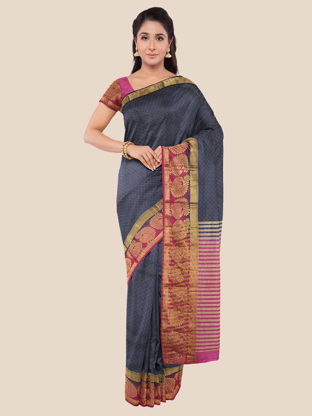 

Kalamandir Navy Blue & Gold-Toned Woven Design Zari Saree