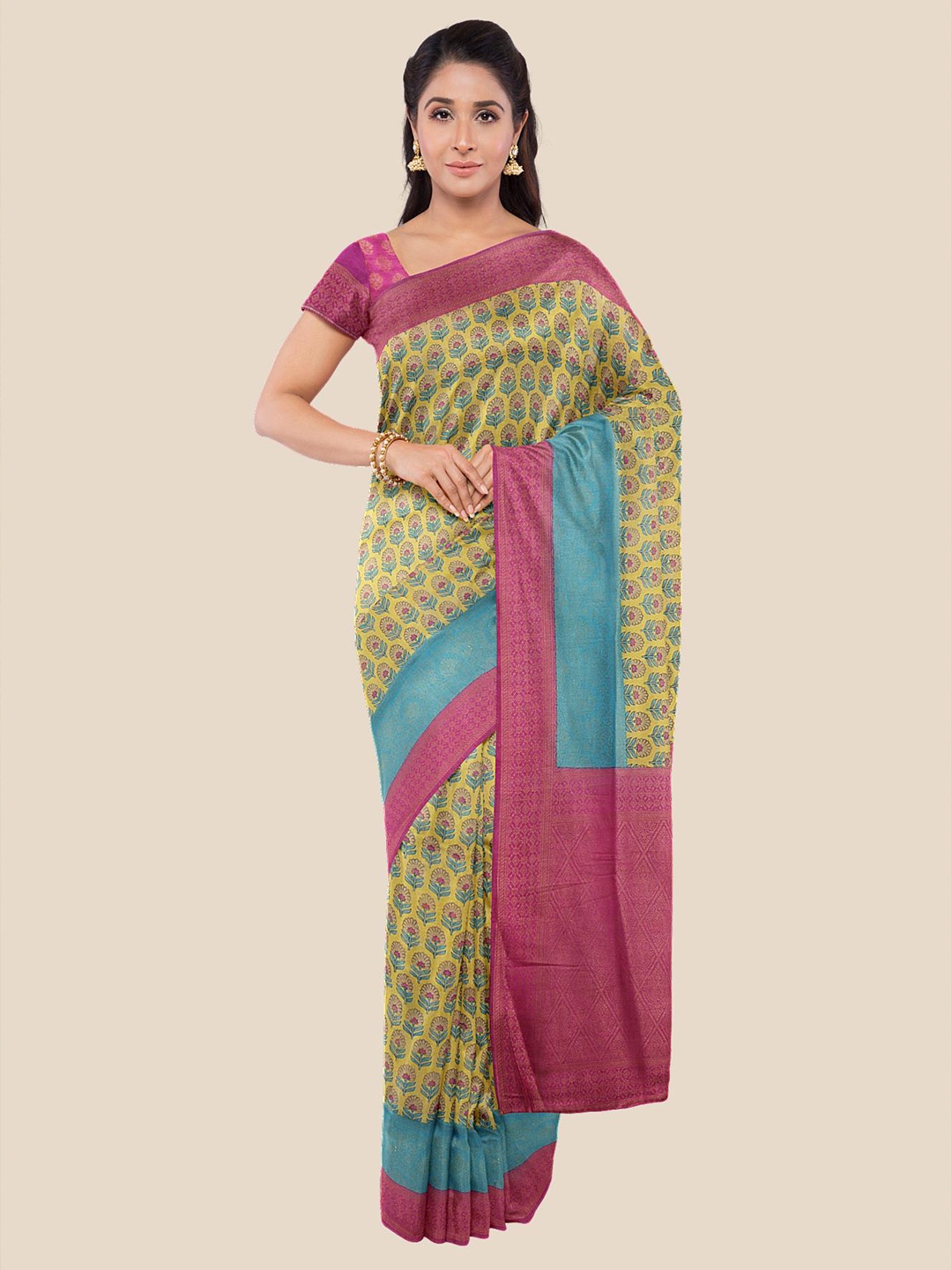 

Kalamandir Yellow & Blue Ethnic Motifs Silk Blend Saree
