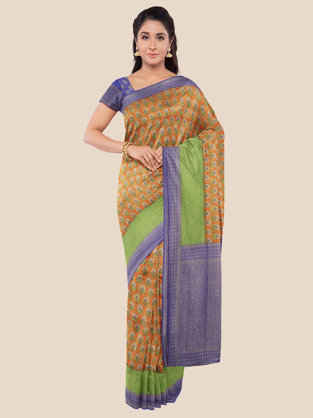 

Kalamandir Orange & Blue Floral Printed Silk Blend Banarasi Saree