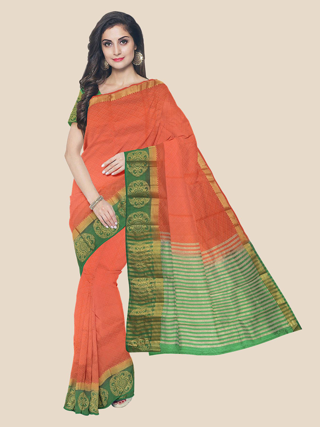 

Kalamandir Orange & Green Ethnic Motifs Zari Saree