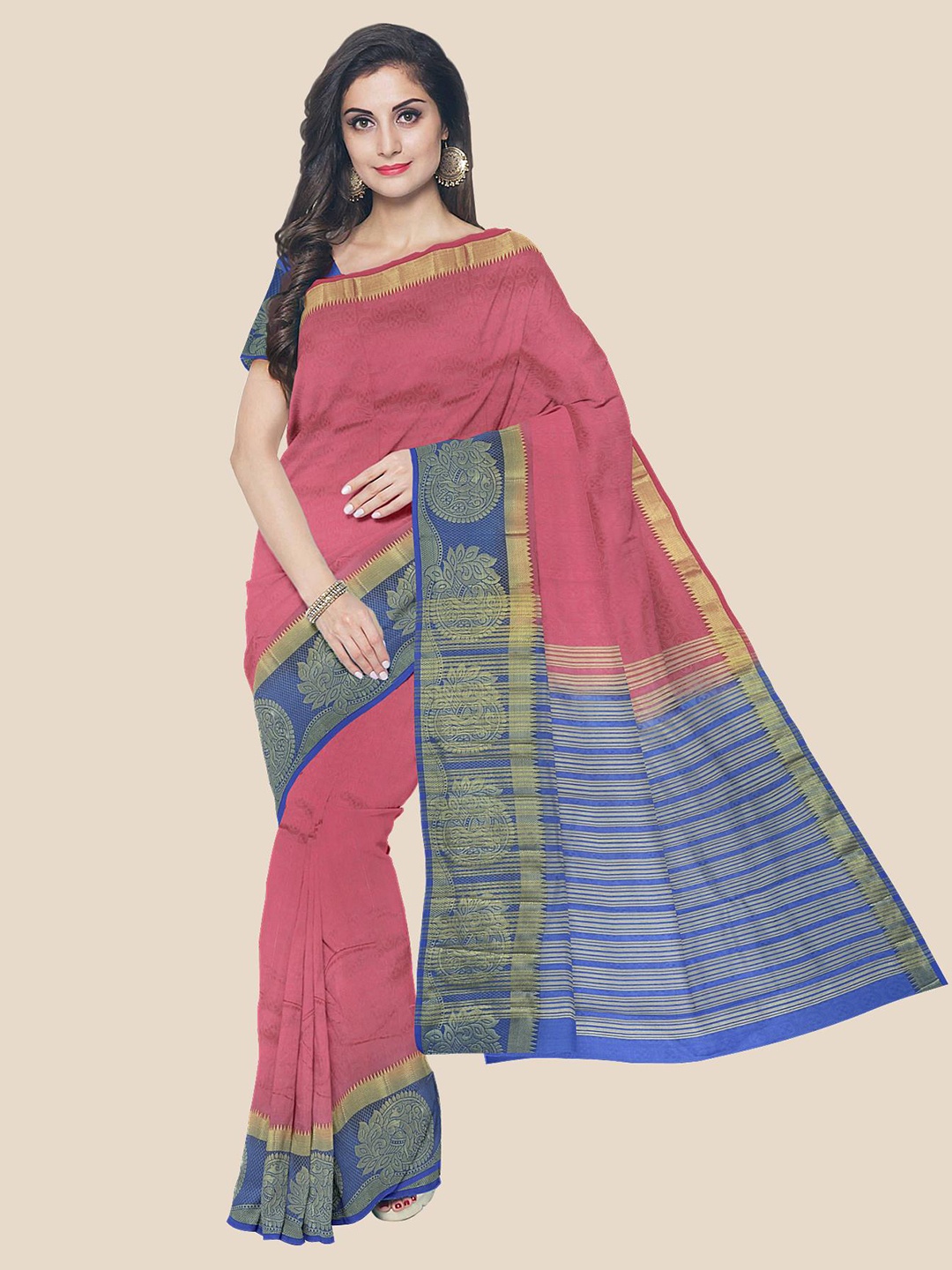 

Kalamandir Pink, Gold-Toned & Blue Ethnic Motifs Pashmina Saree