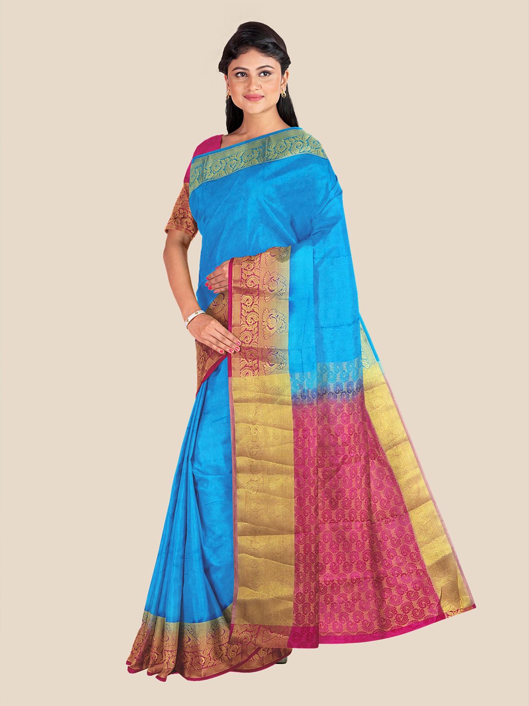 

Kalamandir Blue & Magenta Woven Design Zari Banarasi Saree
