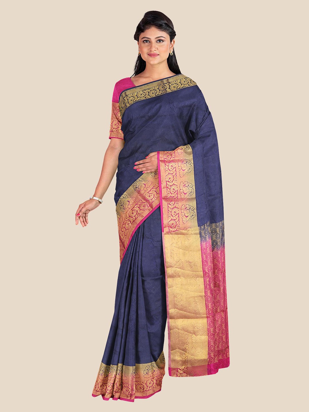 

Kalamandir Navy Blue & Magenta Woven Design Banarasi Pashmina Saree