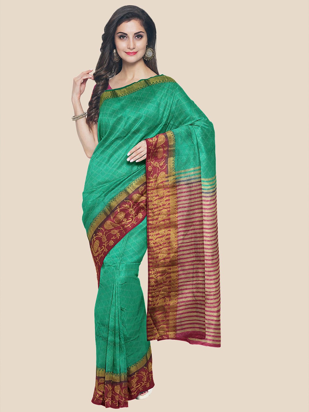 

Kalamandir Sea Green, Gold-Toned & Maroon Ethnic Motifs Pashmina Saree