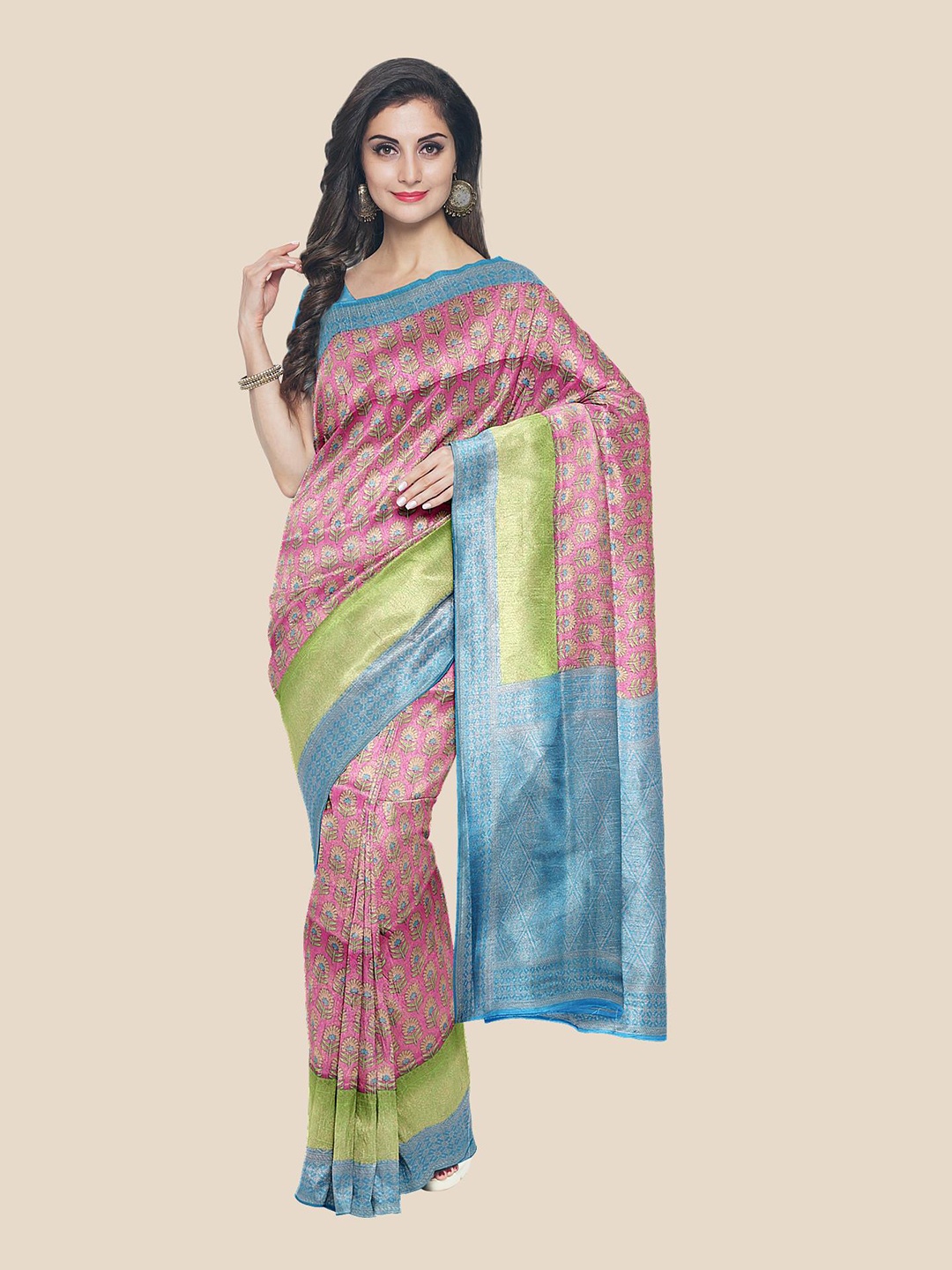 

Kalamandir Pink & Blue Floral Silk Blend Banarasi Saree
