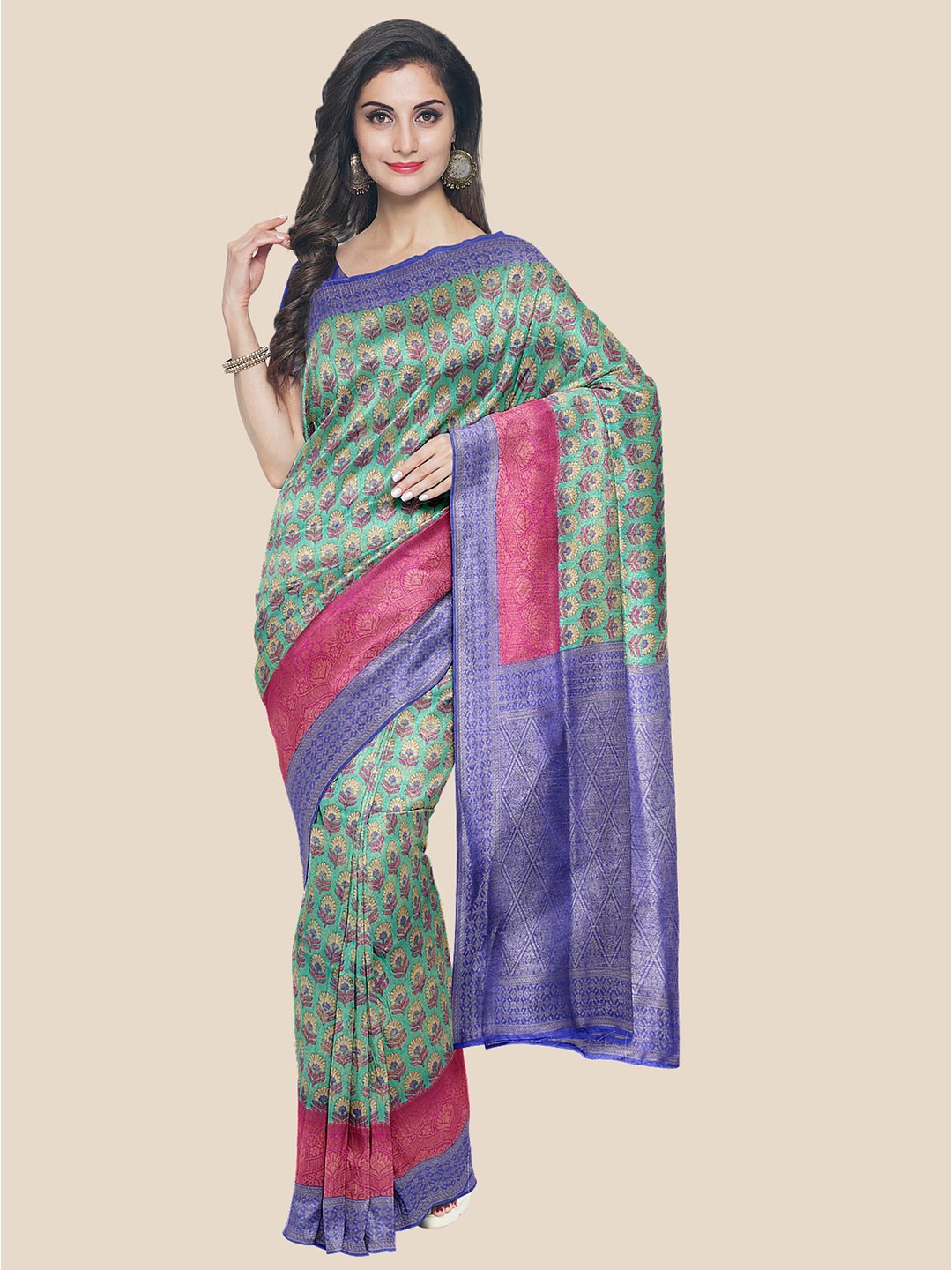 

Kalamandir Sea Green & Blue Floral Silk Blend Banarasi Saree
