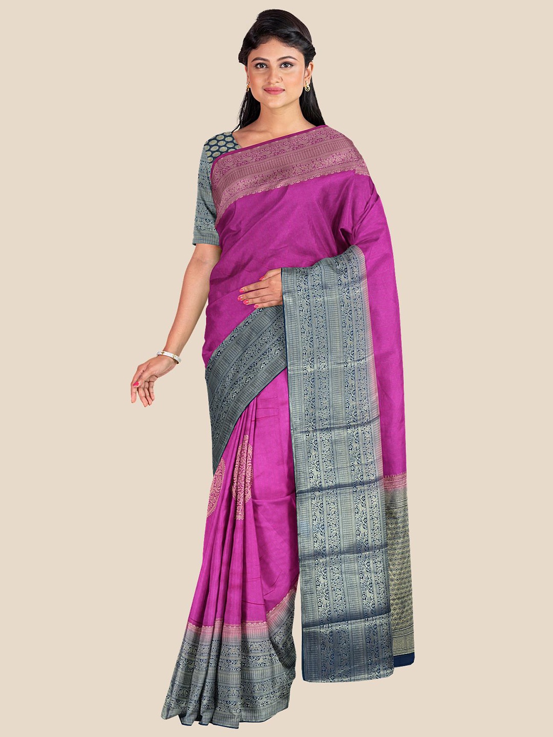 

Kalamandir Purple, Silver-Toned & Blue Ethnic Motifs Silk Blend Banarasi Saree