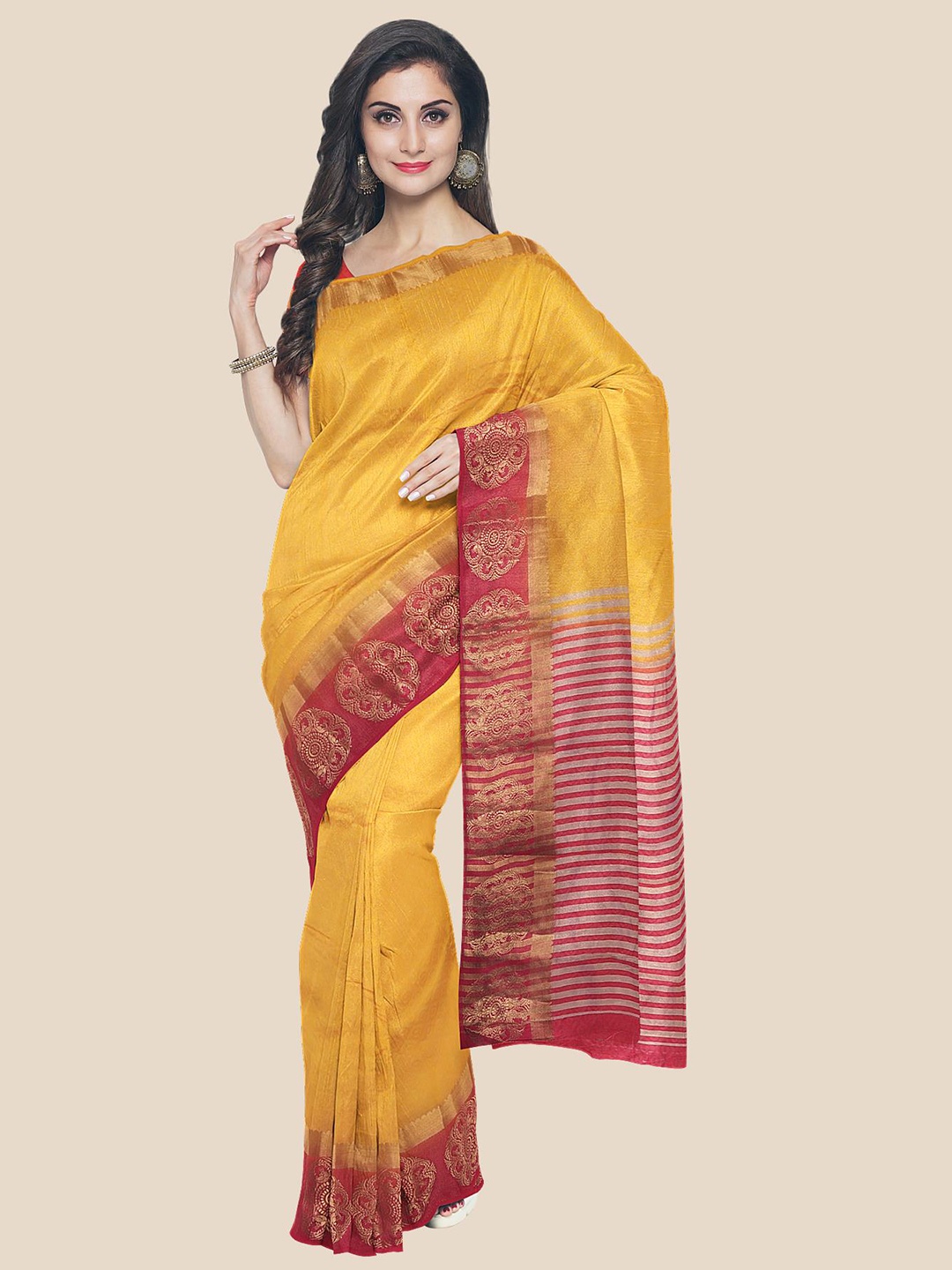 

Kalamandir Yellow & Red Woven Design Zari Saree