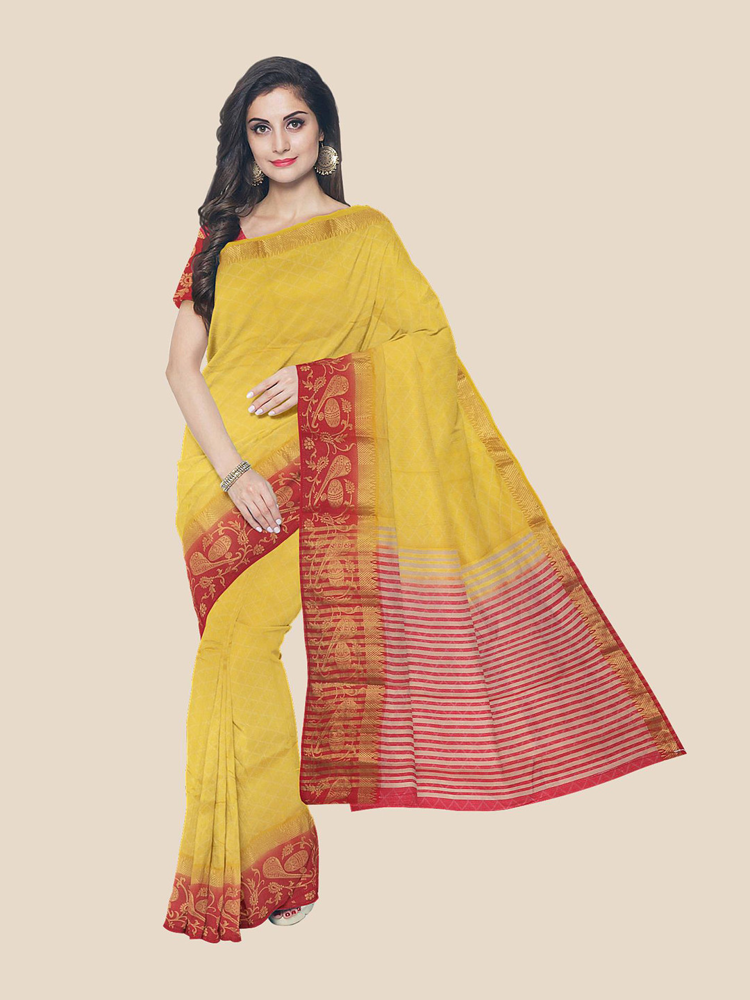 

Kalamandir Yellow & Red Ethnic Motifs Zari Saree