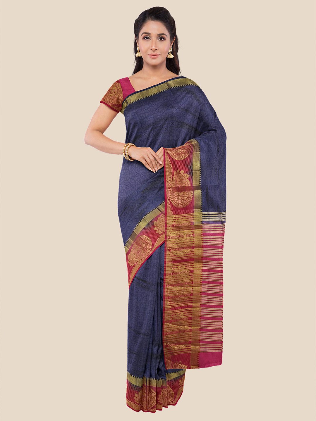 

Kalamandir Navy Blue & Red Woven Design Pashmina Saree