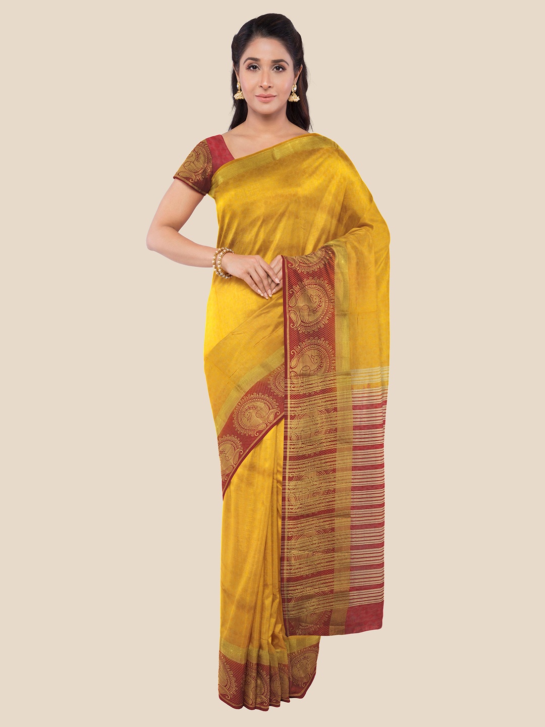 

Kalamandir Mustard & Red Woven Design Zari Banarasi Saree