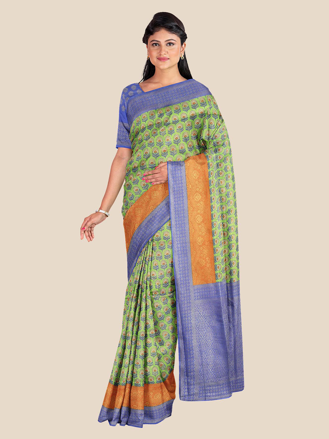 

Kalamandir Green & Blue Floral Printed Silk Blend Banarasi Saree
