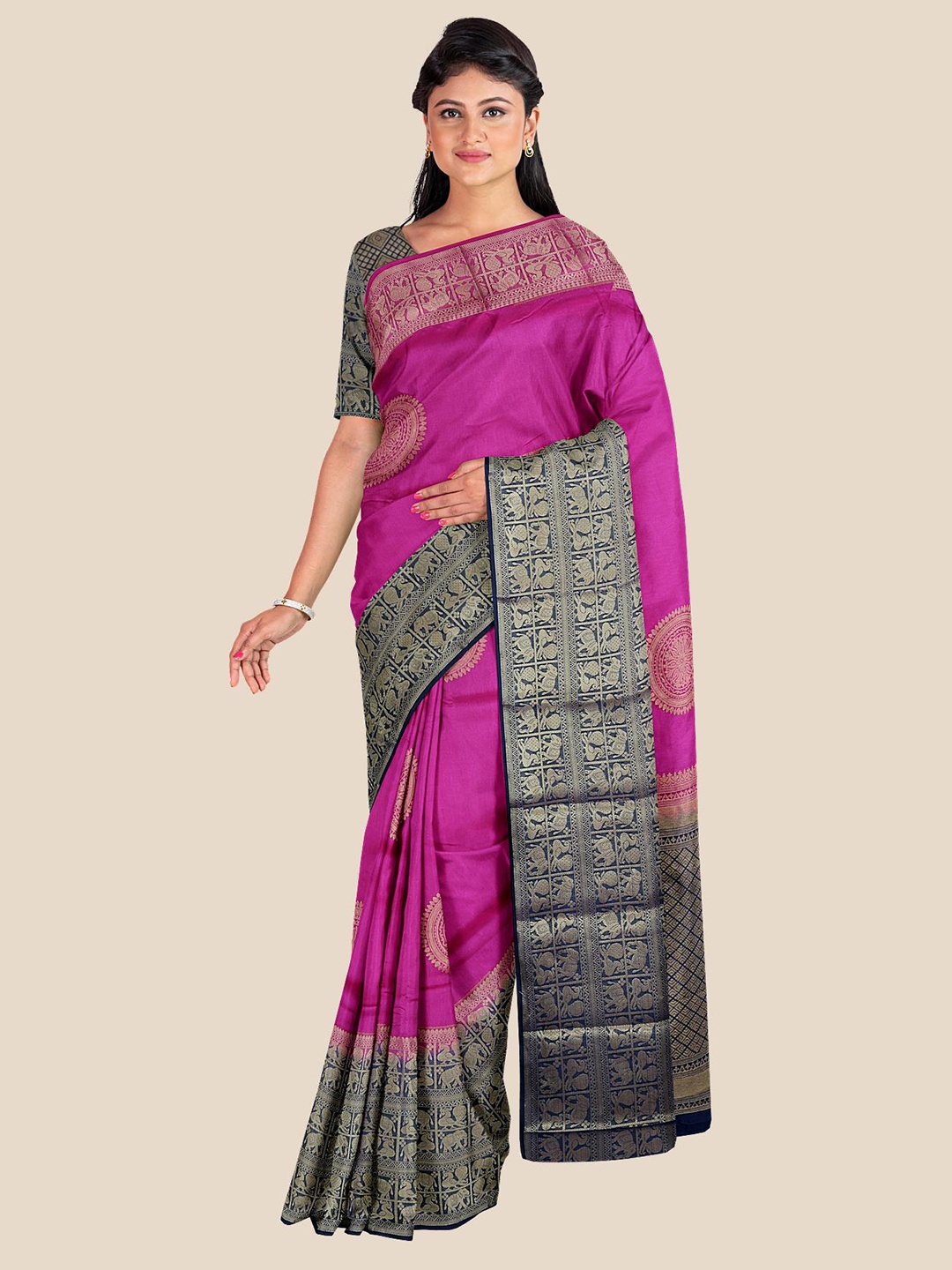 

Kalamandir Pink & Gold-Toned Ethnic Motifs Zari Silk Blend Saree