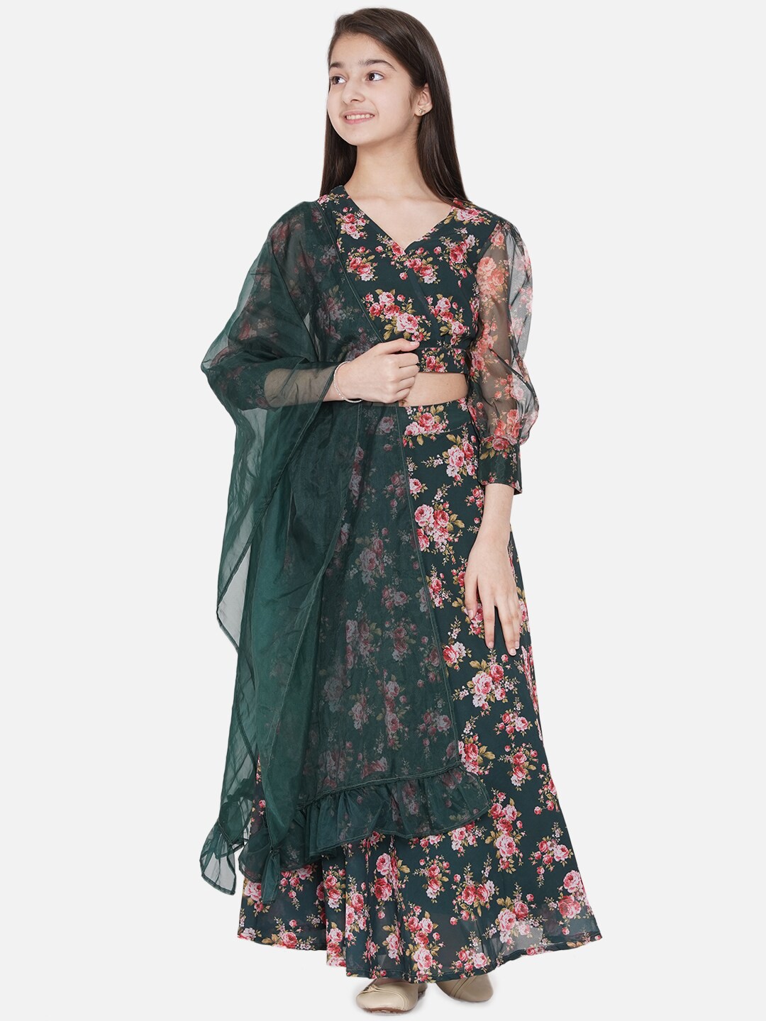 

titliyan Girls Green & Pink Floral Printed Ready to Wear Lehenga Choli With Dupatta