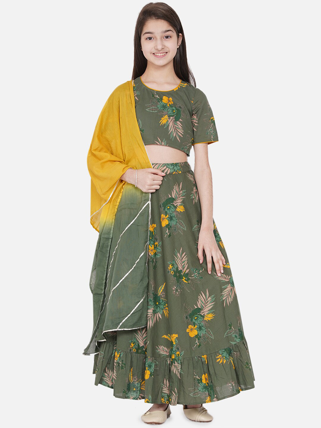 

titliyan Girls Green & Yellow Printed Ready to Wear Lehenga & Blouse With Dupatta