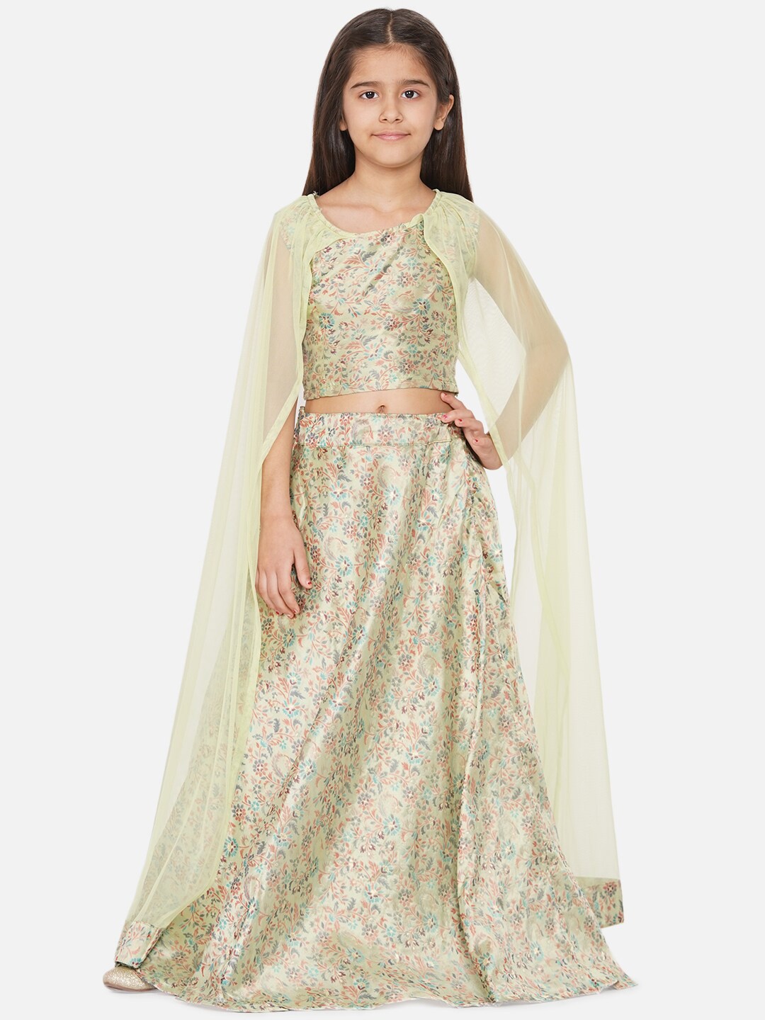 

titliyan Girls Green Printed Ready to Wear Lehenga & Choli With Net Cape Sleeve