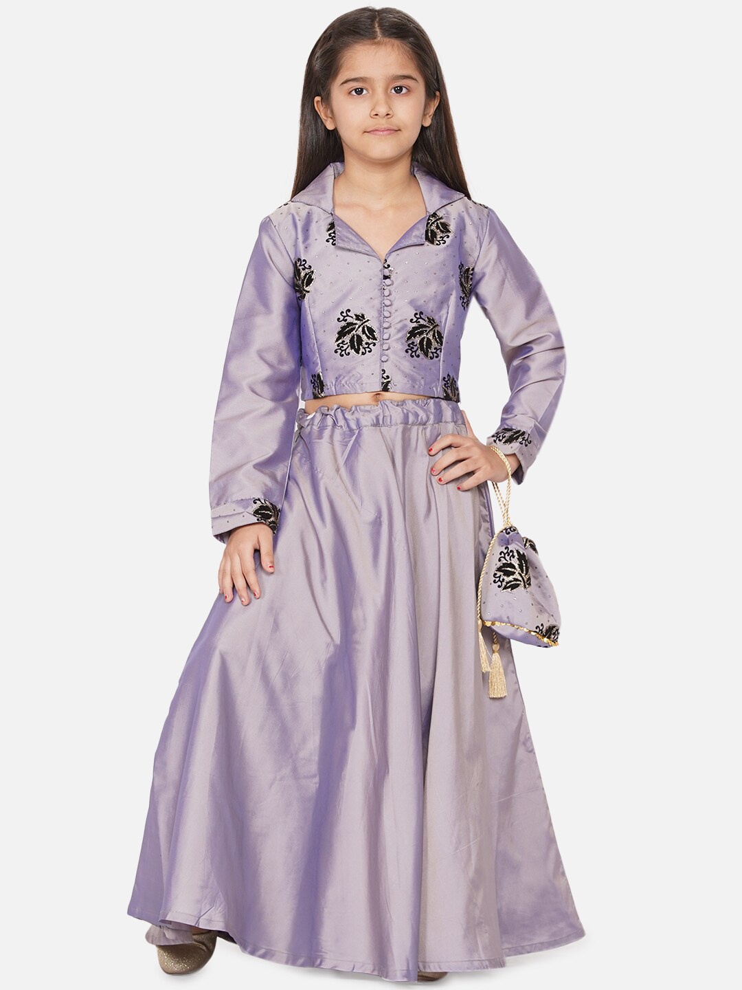 

titliyan Girls Lavender & Black Embellished Printed Ready to Wear Lehenga Choli