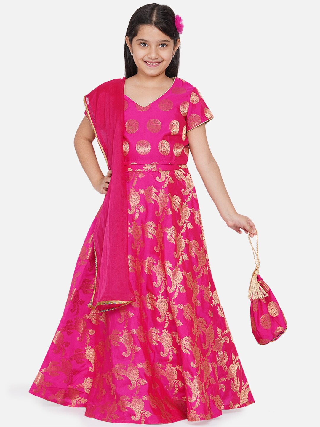 

titliyan Girls Pink & Gold-Toned Ready to Wear Brocade Lehenga Choli Dupatta With Potli