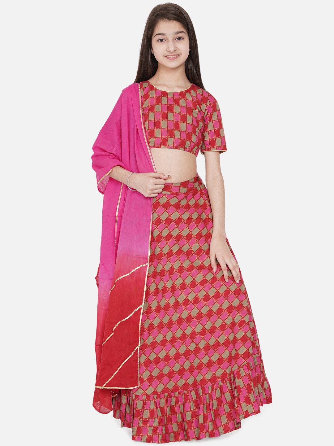 

titliyan Girls Red & Green Printed Ready to Wear Lehenga & Blouse With Dupatta