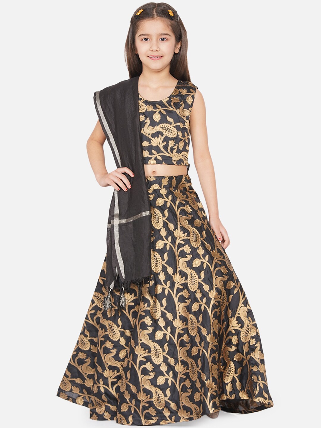 

titliyan Girls Black & Gold-Toned Ready to Wear Lehenga & Blouse With Dupatta