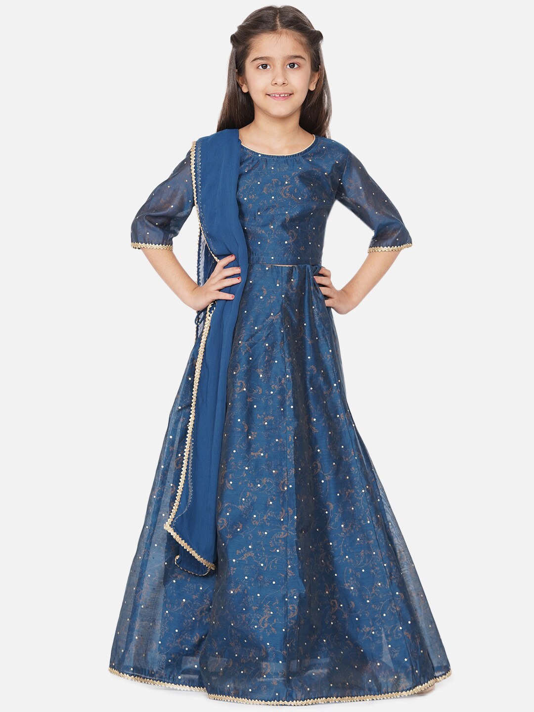

titliyan Girls Blue & Gold-Toned Printed Ready to Wear Lehenga Choli With Dupatta