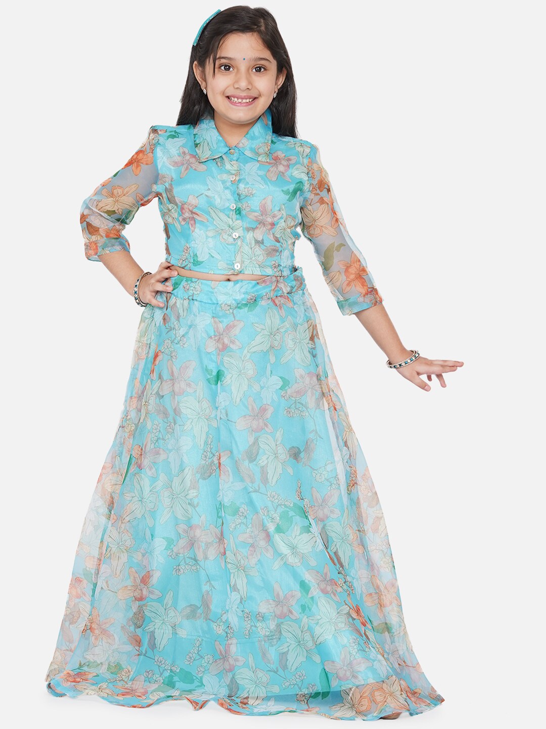 

titliyan Girls Blue & Orange Floral Printed Ready to Wear Lehenga Choli