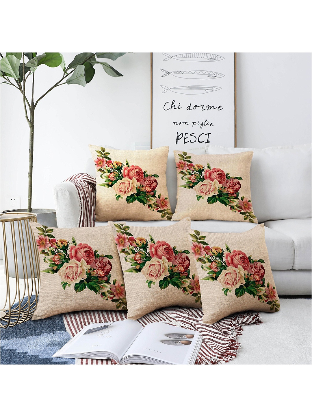 

AEROHAVEN Beige & Pink 5 Pieces Floral Printed Square Cushion Covers